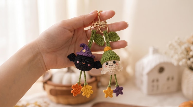 May include: Two crochet keychains featuring a black bat wearing a purple witch hat and a white ghost wearing a green hat. Both figures have green leaf accents at the top, dangling legs, and colorful star-shaped feet attached to gold metal clasps.