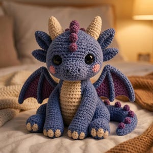Peut inclure: Un dragon en crochet fait à la main, dans des tons de bleu, de violet et de crème. Le dragon a de grands yeux noirs, des joues roses et de petites cornes. Il présente des ailes et une queue avec des accents violets. Le dragon est assis sur un lit.