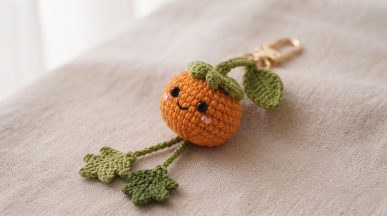 May include: A crocheted orange fruit keychain with a smiling face, black bead eyes, and pink cheeks. It features a green stem with a leaf, two dangling green leaves on thin stems, and a gold-toned metal lobster clasp for attachment.