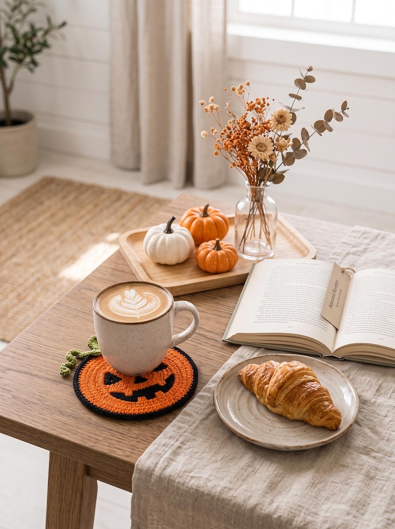 May include: A round, crocheted coaster featuring an orange jack-o'-lantern face with a black border and a small green stem. The coaster is placed under a speckled ceramic mug filled with coffee, next to a croissant on a plate and an open book.