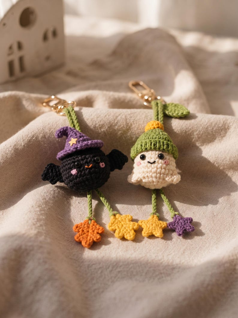 May include: Two crochet keychains featuring a black bat wearing a purple witch hat and a cream-colored ghost wearing a green hat. Both figures have dangling green legs ending in small, colorful crocheted leaves and stars, attached to gold-tone metal clasps.