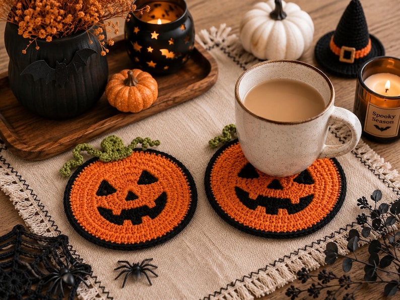 May include: Two round, orange crochet coasters featuring a black jack-o'-lantern face design with a green stem. Each coaster has a black border and is crafted with a textured yarn finish. One coaster supports a ceramic mug filled with a light brown beverage.