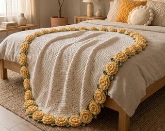 Schema per coperta all'uncinetto con rose, schema PDF per coperta con bouquet di fiori all'uncinetto, coperta rotonda estetica fai da te, schema per coperta con rose, idea regalo all'uncinetto