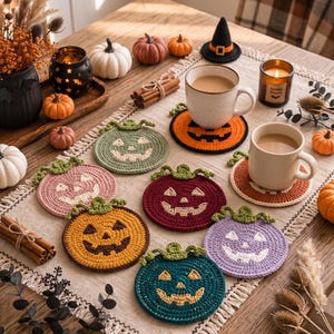 May include: A collection of round, crocheted coasters shaped like jack-o'-lanterns in various colors including sage green, dusty pink, mustard yellow, deep red, teal, and lavender, each featuring a green stem and a carved face design.