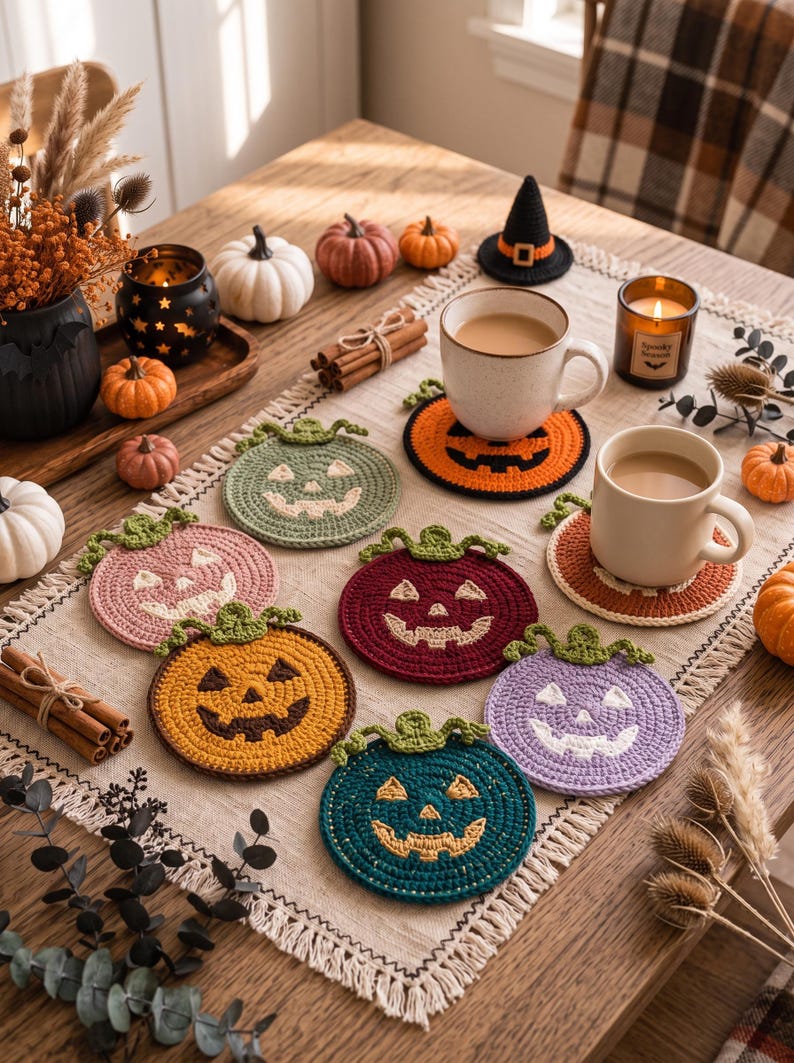 May include: A collection of round, crocheted coasters shaped like jack-o'-lanterns in various colors including sage green, dusty pink, mustard yellow, deep red, teal, and lavender, each featuring a green stem and a carved face design.