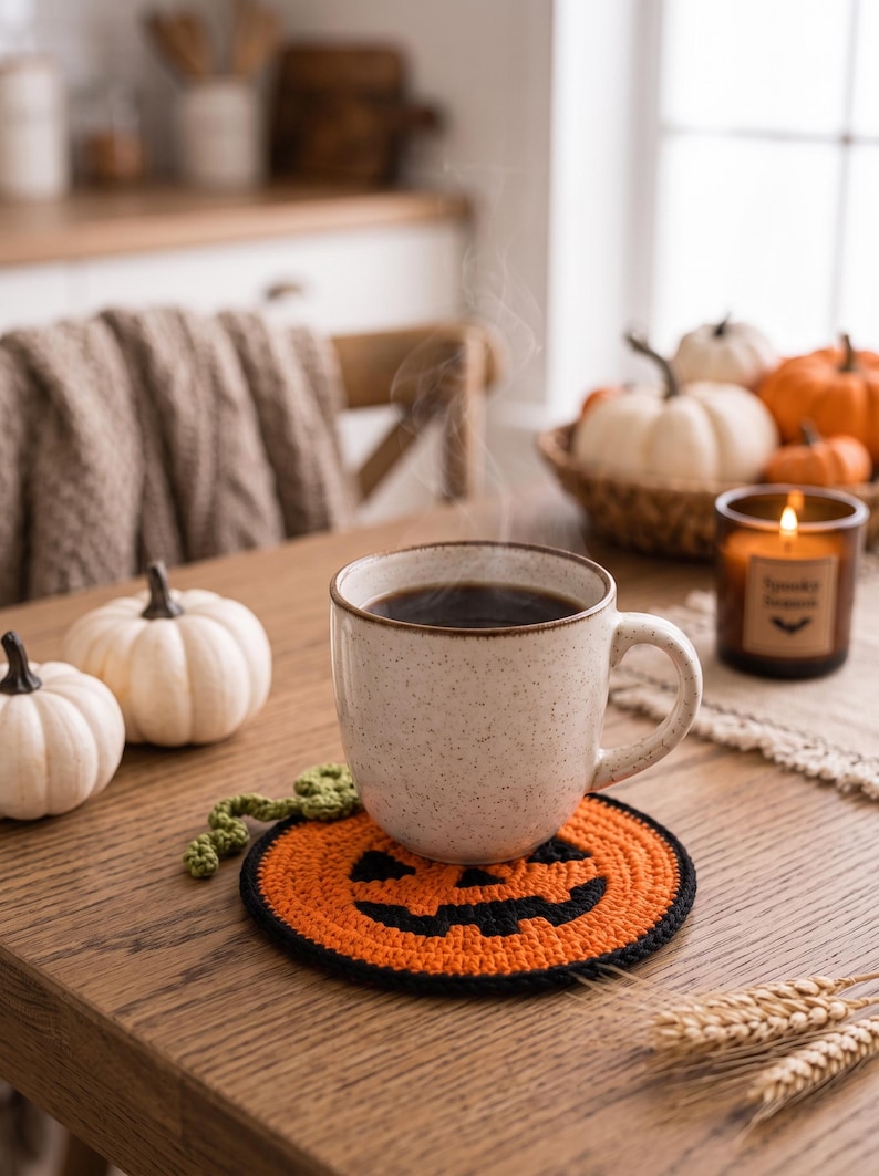 May include: A round, orange and black crocheted coaster featuring a jack-o'-lantern face design with a small green crocheted stem attached to the side, supporting a speckled ceramic mug filled with a steaming dark beverage.