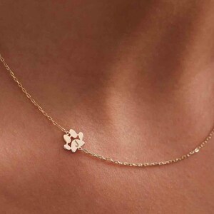 Puede incluir: Un delicado collar de oro con un colgante de huella de pata. El colgante está posicionado a un lado, con la cadena extendiéndose por el escote. El collar es una joya sencilla y elegante.
