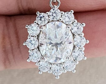 3 Carat Oval Moissanite Sunburst Vintage Halo Necklace, GRA Certified, 925 Sterling Silver, Gift Boxed for Her - Halo