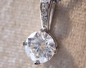 1 Carat Round Moissanite Solitaire Pendant, Pave Bail, GRA Certified, 925 Sterling Silver Necklace - Aure