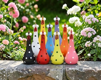 Estátua colorida de galinha com bolinhas, arte colorida para jardim, decoração de prateleira em formato de galinha, decoração para jardim de fadas.