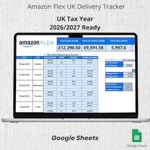 Könnte beinhalten: Ein Laptop-Bildschirm zeigt einen Amazon Flex UK Delivery Tracker für das Steuerjahr 2026/2027. Die Tabelle zeigt Einkommen, Stunden, Kilometerleistung und Stundenlohn mit Gesamtsummen von £12.290,50, £9.591,58 und 9.681,5 km.