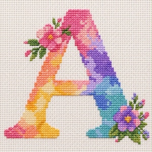 May include: A cross-stitch embroidery of the capital letter A, featuring a vibrant gradient of pink, orange, yellow, purple, and blue threads. The letter is decorated with small, detailed floral clusters in pink and purple with green leaves.