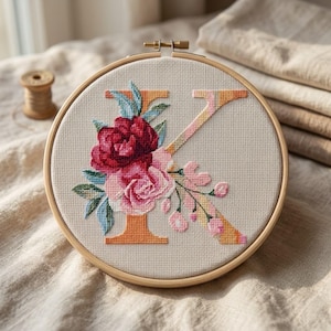 May include: A circular wooden embroidery hoop containing a cross-stitch design of the letter K in orange and yellow gradients, decorated with a cluster of deep red and light pink roses, green leaves, and small pink buds on beige fabric.