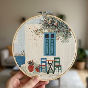 Mediterranean Courtyard Cross Stitch Pattern, Seaside Patio PDF Chart, Greek Home (Digital Download)