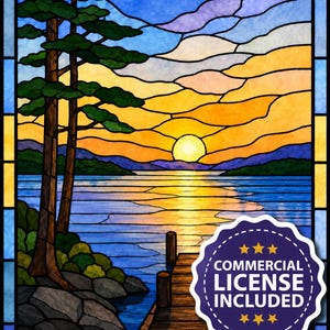 Puede incluir: Una ilustración digital estilo vidriera de un atardecer sobre un lago con pinos en una orilla rocosa y un muelle de madera. Una insignia circular morada muestra tres estrellas amarillas y el texto COMMERCIAL LICENSE INCLUDED.