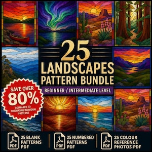 以下が含まれることがあります： 25 LANDSCAPES PATTERN BUNDLEと題されたデジタルコレクション。夕日、森、砂漠、オーロラをステンドグラス風に描いたイラスト集。クラフト用の白紙、番号付き、カラー参照のPDFパターンが各25種類含まれています。