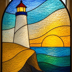 May include: An arched stained glass panel depicting a lighthouse with a white tower, blue trim, and a red roof. The scene features a yellow sun setting over a blue and green ocean, with a textured golden-brown cliffside in the foreground.