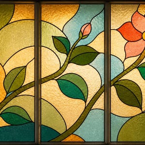 May include: A triptych stained glass window panel featuring a floral design with a blooming coral flower, a small bud, and green leaves on a curved stem. The background consists of textured amber, light blue, and green glass segments.