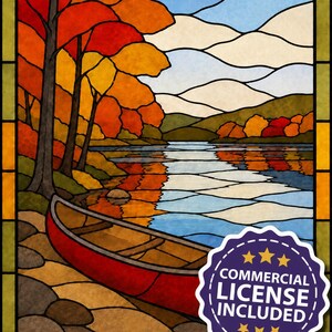 May include: A stained glass style digital illustration of a red canoe resting on a rocky shore by a lake. The scene features autumn trees with orange and yellow leaves, rolling hills, and a blue sky. A purple badge reads COMMERCIAL LICENSE INCLUDED.