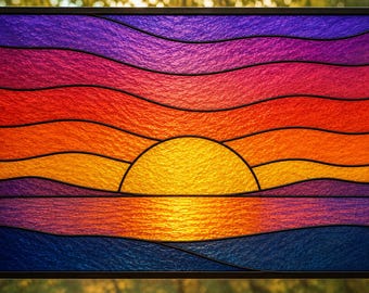 May include: A rectangular stained glass panel featuring a sunset scene with a bright yellow sun centered above a horizon line. The sky consists of wavy horizontal bands of orange, red, and purple glass, while the water reflects the sun in orange.