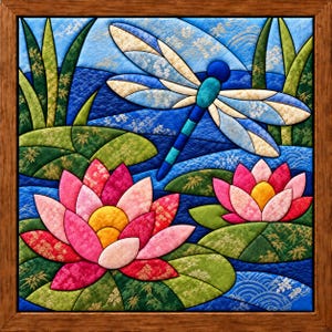 May include: A framed fabric wall art piece featuring a blue dragonfly hovering above two pink and yellow lotus flowers on green lily pads. The background depicts a blue water scene with green reeds, all rendered in quilted fabric with patterns.