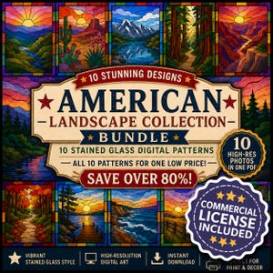 Könnte beinhalten: Ein digitales Paket mit dem Titel American Landscape Collection Bundle mit 10 digitalen Buntglasmustern. Die Grafik zeigt verschiedene Landschaften wie Berge, Wälder und Wüsten, mit Text, der auf 10 hochauflösende Fotos in einer PDF-Datei hinweist.