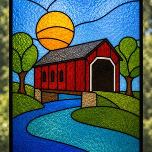 May include: A rectangular stained glass panel featuring a red covered bridge over a blue river. The scene includes a bright yellow sun in a blue sky, green trees on grassy banks, and stone-colored bridge supports, all outlined in black lead lines.