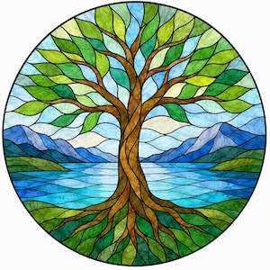 Schema per vetrata artistica "Albero della Vita" / Modello per acchiappasole con lago e montagna (Download digitale)