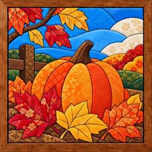 Op de afbeelding: Een ingelijst kunstwerk van stof met een grote oranje pompoen in een veld met een houten hek, omringd door rode en gele esdoornbladeren. De scène toont een helderblauwe lucht en glooiende heuvels, volledig gemaakt van stoffen met patronen.