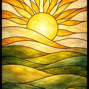 Può includere: Pannello in vetro colorato raffigurante un'alba vibrante su dolci colline. Il sole è un globo giallo brillante con raggi dorati. Le colline passano dal verde al giallo, creando una scena calda. L'opera è incorniciata in nero.