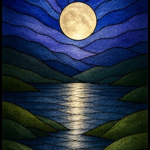Könnte beinhalten: Ein Buntglas-Kunstwerk, das einen Vollmond zeigt, der in einem dunkelblauen Nachthimmel über grünen Hügeln und einem reflektierenden Gewässer leuchtet. Dunkle Bleilinien trennen die einzelnen, texturierten Glassegmente voneinander.