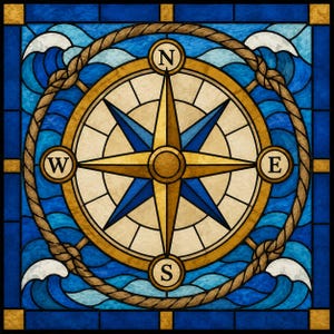 May include: A square stained glass panel featuring a central compass rose with gold and blue points. The compass is encircled by a thick brown rope design against a background of blue waves with white crests. The letters N, S, E, and W are visible.