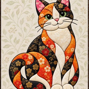 May include: A fabric wall art piece featuring a calico cat composed of quilted patches. The cat has black, orange, and white sections with gold and red floral patterns, green eyes, and a pink nose, set against a cream background with leaf motifs.