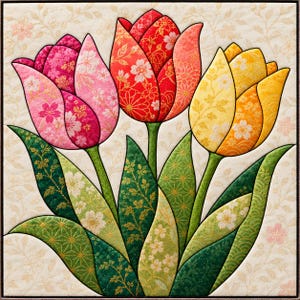 May include: A square fabric wall hanging featuring three dimensional-looking tulips in shades of pink, red, and yellow. Each petal and leaf is crafted from patterned fabric with floral and geometric motifs, set against a cream-colored background.