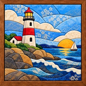 May include: A framed fabric wall art piece depicting a coastal scene with a red and white lighthouse, a small house, rocky terrain, and a sailboat on the water at sunset. The design features intricate patterns, blue waves, and a golden sun.
