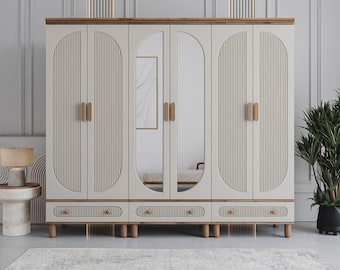 Monzio Milen 6 Door Wardrobe with Drawers, Large Moonstone Armoire, Modern MDF Bedroom Closet, Extra Wide Clothing Storage Unit, 240cm
