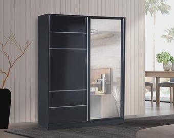 Armario negro con puertas correderas - Armario moderno de la serie Rega - Armario industrial grande de 160 cm - Almacenamiento para dormitorio en negro mate (160 x 210 cm)