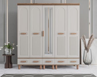 Armario Monzio Otto de 5 puertas con cajones, armario grande color piedra lunar, armario moderno para dormitorio 100% MDF, almacenamiento de ropa extra ancho, 200 cm