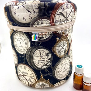 Puede incluir: Un contenedor cilíndrico de tela negra con cierre de cremallera y asa. El contenedor está cubierto con un patrón de relojes vintage con números romanos. El contenedor está sobre una superficie blanca junto a dos pequeñas botellas de vidrio marrón con tapas blancas.