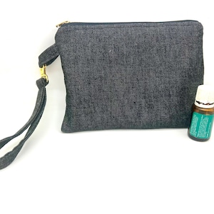 Essential oil wristlet Black denim gold fleck inner purse tote evening bag
