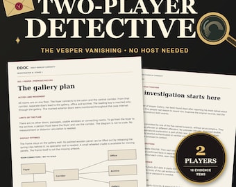 Jogo de detetive para dois jogadores para imprimir, mistério de assassinato cooperativo, sem anfitrião, O Desaparecimento da Véspera