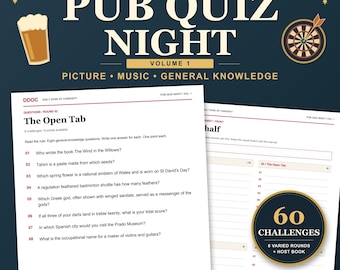 Pacote Imprimível para Noite de Quiz no Pub - Volume 1 | 8 Rodadas, Quebra-cabeças de Imagens e Rodada Musical