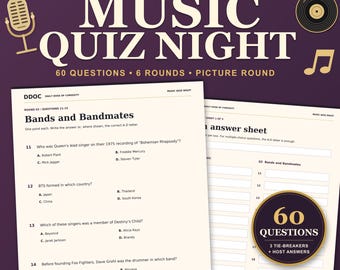 Kit para Noite de Quiz Musical Imprimível, 60 Perguntas com Rodada de Fotos de Músicos