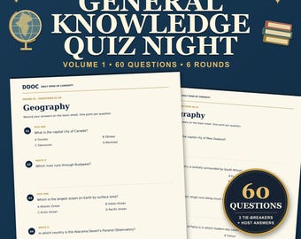 Kit para Noite de Quiz de Conhecimentos Gerais (Imprimido), 60 Perguntas e Respostas, Noite de Trivia em Família