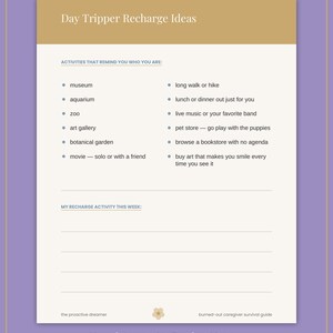 May include: A printable document titled Day Tripper Recharge Ideas with a list of activities including museum, aquarium, zoo, art gallery, botanical garden, movie, long walk, lunch, live music, pet store, bookstore, and art. Includes a blank section.