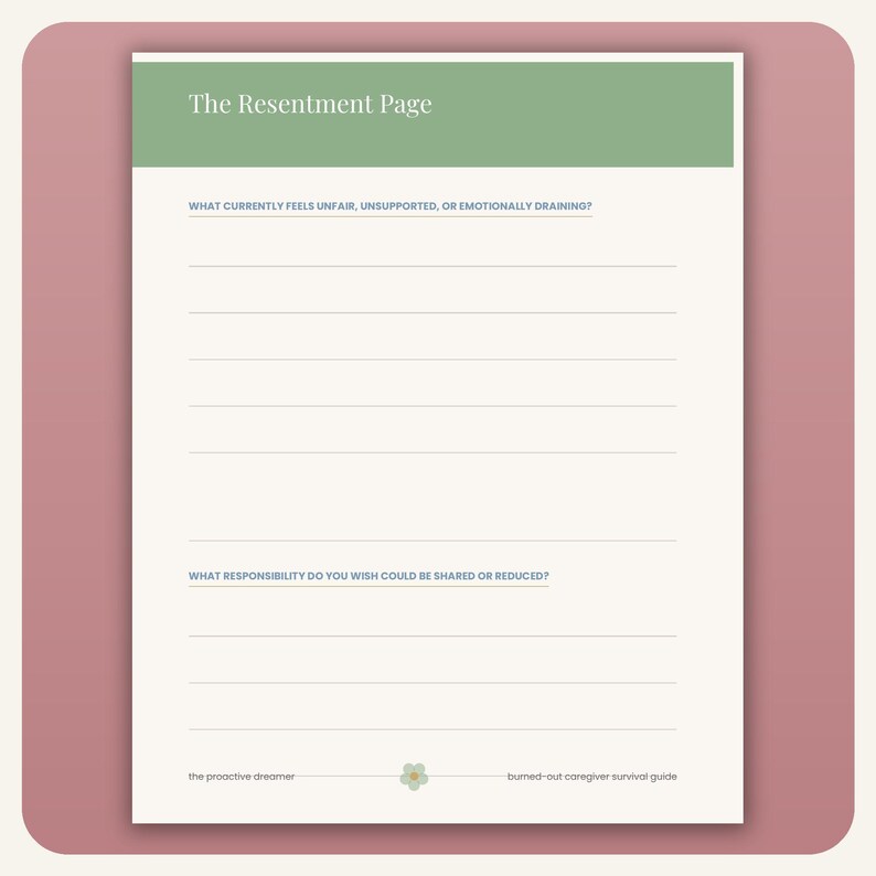 May include: A printable worksheet titled The Resentment Page with a sage green header. It features two sections with lines for writing: What currently feels unfair, unsupported, or emotionally draining? and What responsibility do you wish could be shared or reduced?
