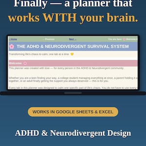 ADHD Planner Google Sheets Excel Neurodivergent Digital Planner Adults Brain Dump Habit Tracker Executive Function Focus Self Care Organizer