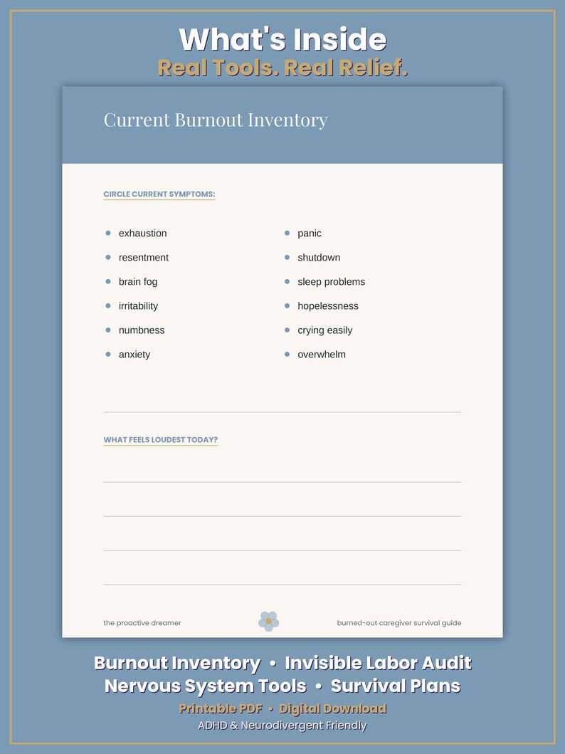 May include: A printable document titled Current Burnout Inventory on a light background. It lists symptoms like exhaustion, resentment, brain fog, irritability, numbness, anxiety, panic, shutdown, sleep problems, hopelessness, crying, and overwhelm.