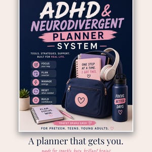Planejador para meninas e adolescentes com TDAH e neurodivergência, imprimível, sem data, diário, semanal e mensal, rastreador de hábitos, tarefas de casa, PDF para impressão.
