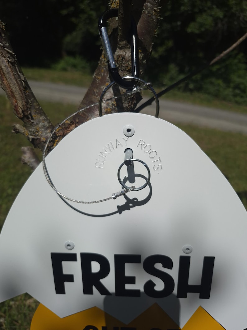 May include: A white, egg-shaped sign featuring the black text "FRESH" and the embossed words "RUNWAY ROOTS" near the top. The sign is suspended by a silver metal wire loop attached to a black carabiner, with a metal pin secured by a ring.